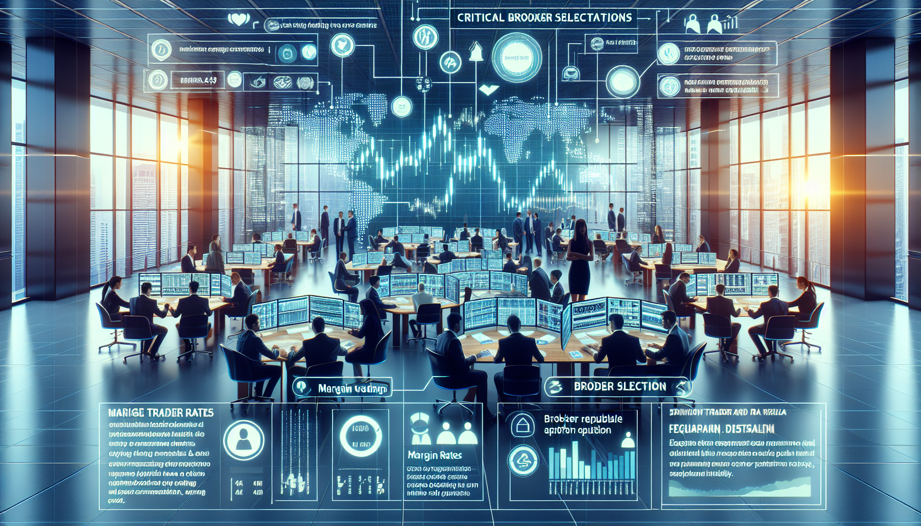 Create an image depicting a modern financial office where traders are engaged in margin trading. The scene should highlight important elements such as:

1. Traders attentively working on high-quality trading platforms with multiple screens displaying graphs, charts, and market data.
2. Visible badges or signs indicating a reputable and compliant financial institution (e.g., regulatory certificates on the wall).
3. An infographic overlay that lists key factors to consider when selecting a broker, such as margin rates, fees, broker reputation, and platform quality.
4. All elements should convey a sense of professionalism, reliability, and advanced technology to emphasize a top-tier margin trading environment.

Text in infographic overlay: Choosing the Best Broker: Regulatory Compliance, Margin Rates, Fees, Platform Quality