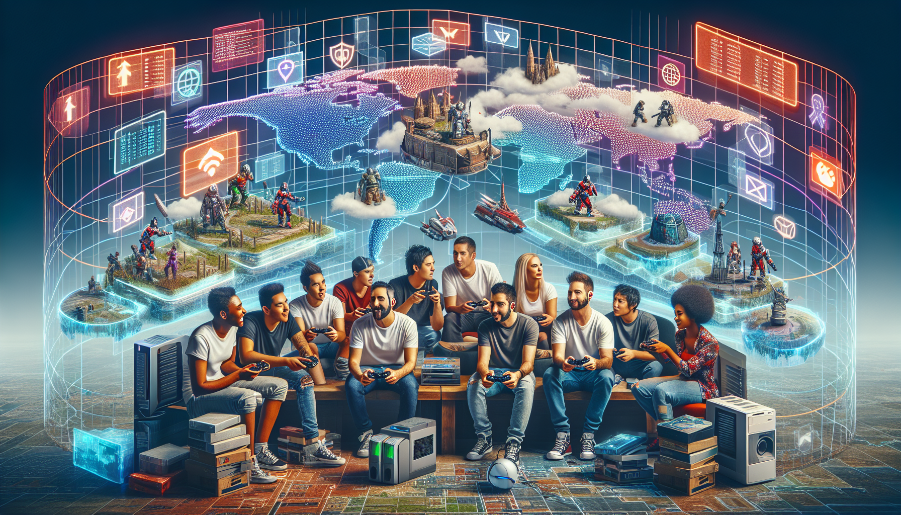 **DALL-E Prompt:**

Create an image of a diverse group of gamers playing on different gaming consoles and PCs, with floating holographic maps showcasing various global regions. Illustrate that the gamers are accessing and enjoying games and servers that are restricted to different parts of the world. The image should also include visual elements like VPN icons and graphics of server locations, highlighting the importance of using a VPN to bypass regional restrictions. The background can feature digital animations of iconic landmarks from different countries to emphasize the global access granted by the VPN.