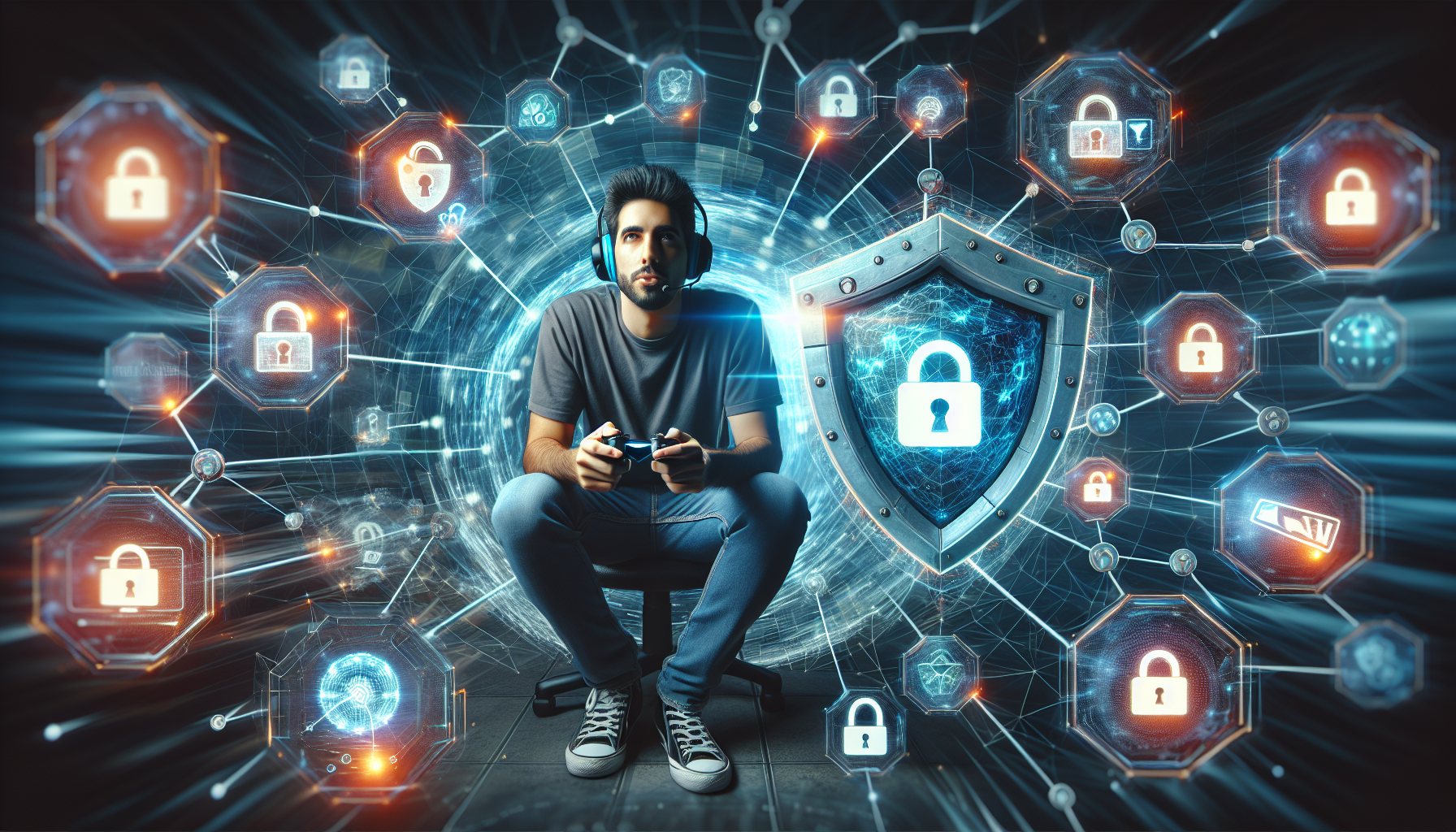Create an image depicting a gamer surrounded by digital shields and locks, symbolizing data encryption and protection. The background can show a complex network with highlighted nodes, representing the internet, while the VPN (depicted as a secure tunnel or shield) stands between the gamer and potential threats like DDoS attacks. Include elements like icons of encrypted data and a checkmark for security assurance. The gamer should appear relaxed and focused, emphasizing the confidence in security provided by the gaming VPN.