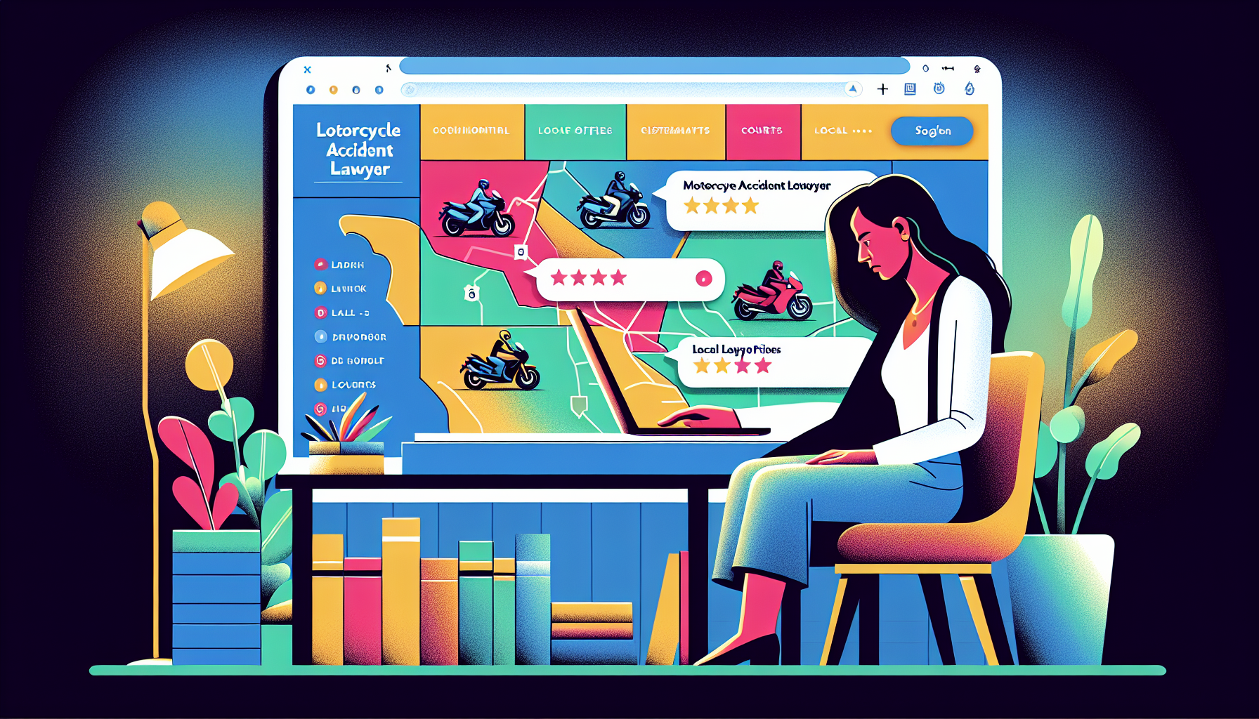 Visual representation of a person searching online on a laptop for the best motorcycle accident lawyer near them, with visible search results showing local lawyer profiles and customer star ratings, set in a home office environment emphasizing a close geographical map highlighting local courts and legal offices.