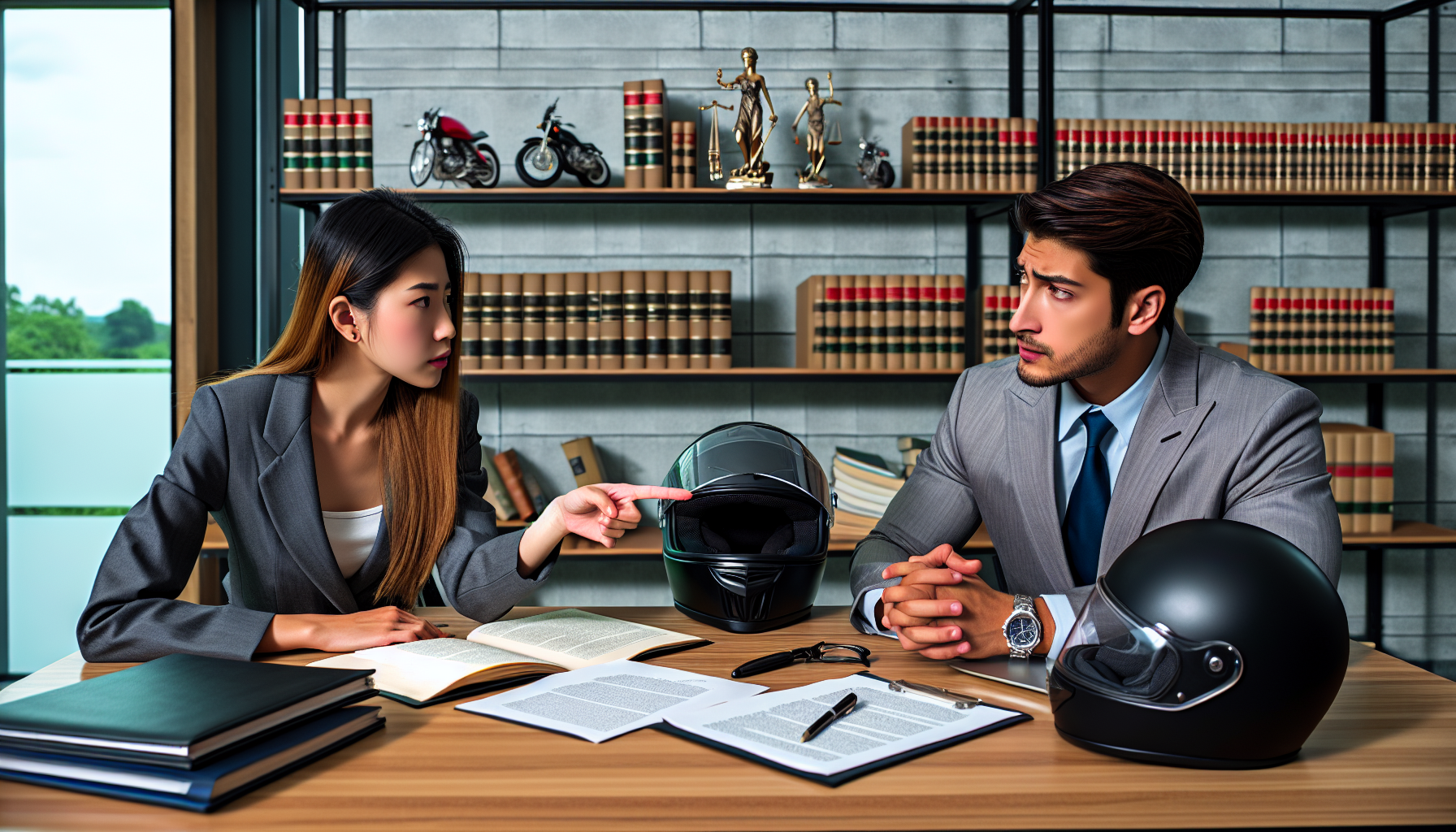 An image of a client sitting in an office, engaging in a serious consultation with a professional motorcycle accident lawyer. The lawyer is pointing at legal documents on a desk, explaining details, while the client listens attentively. Around them are shelves filled with legal books, and on the wall is a display of credentials and awards. The setting conveys a sense of professionalism and expertise in motorcycle law. Include details such as motorcycle helmets and a laptop open to a legal website, subtly emphasizing the lawyer