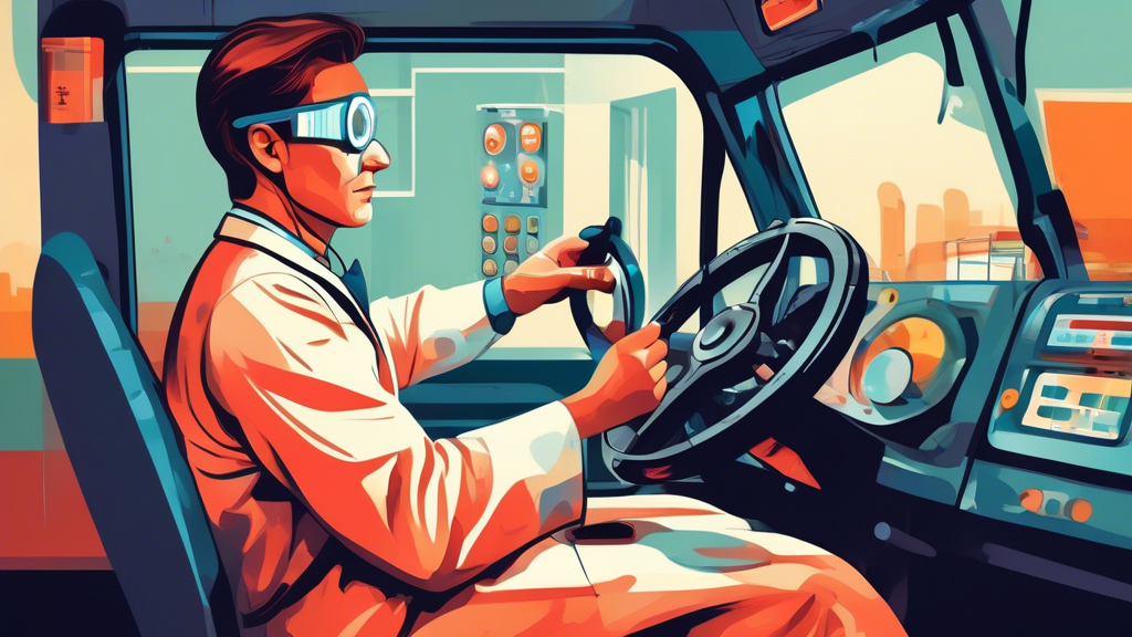 Create an image depicting a doctor performing a DOT physical test on a commercial driver. The scene should include various medical checks being conducted, such as vision testing with an eye chart, blood pressure measurement with a cuff, and a hearing test. The atmosphere should be professional and clinical, showcasing the different stages of the physical examination process.