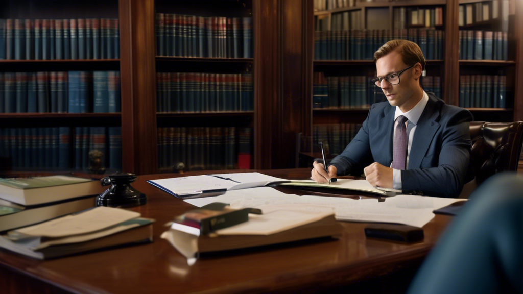 Create a DALL-E prompt for the third point of the outline:

A client is sitting across the table from a pain and suffering lawyer in a well-lit, professional office. The client is holding a notepad with a list of questions and the lawyer is attentively listening, taking notes as well. The background features shelves filled with legal books and certificates on the wall. The overall atmosphere reflects a serious yet approachable consultation scene. Keywords: pain and suffering lawyer, client consultation, office setting.