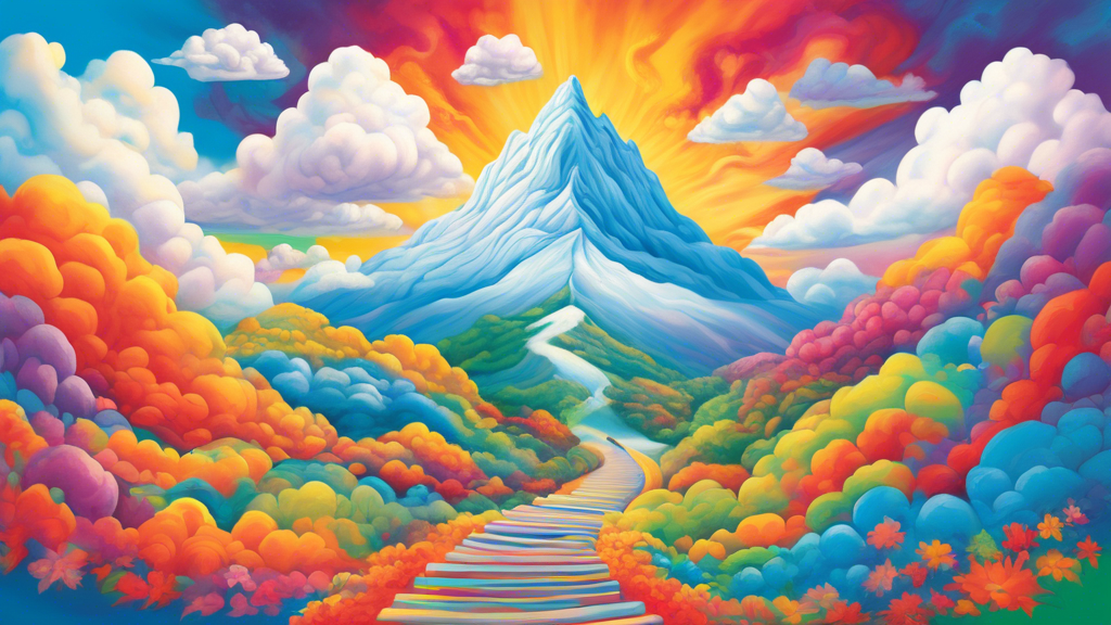 Create an image depicting various paths leading to a vibrant, cloud-covered peak in the sky labeled Cloud 9. Along these paths, visualize diverse scenes illustrating different practices for achieving happiness: people meditating, engaging in outdoor sports, and sharing moments of gratitude. Add vibrant colors, joyful expressions, and a serene atmosphere to convey the ultimate state of happiness and well-being.