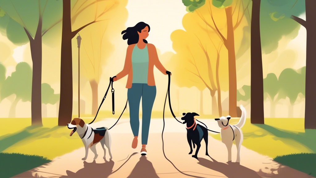 An image showing a happy dog owner walking two dogs with a double dog lead in a beautiful park setting. Emphasize the improved control and safety by showing the dogs walking in harmony without tangling, highlighting the enhanced comfort and convenience for the owner. The dogs should look relaxed and content, while the owner smiles, enjoying the simplicity of the walk.