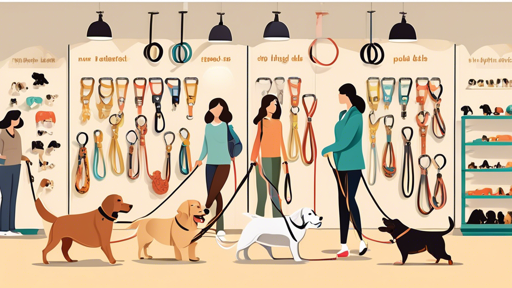 Create an image showing a variety of double dog leads on display, highlighting key features such as adjustable lengths, sturdy materials, and comfortable handles. Include different sizes and styles suitable for various dog breeds. In the background, depict a friendly pet store environment with happy dog owners browsing and interacting with their pets, offering a sense of community and expertise.
