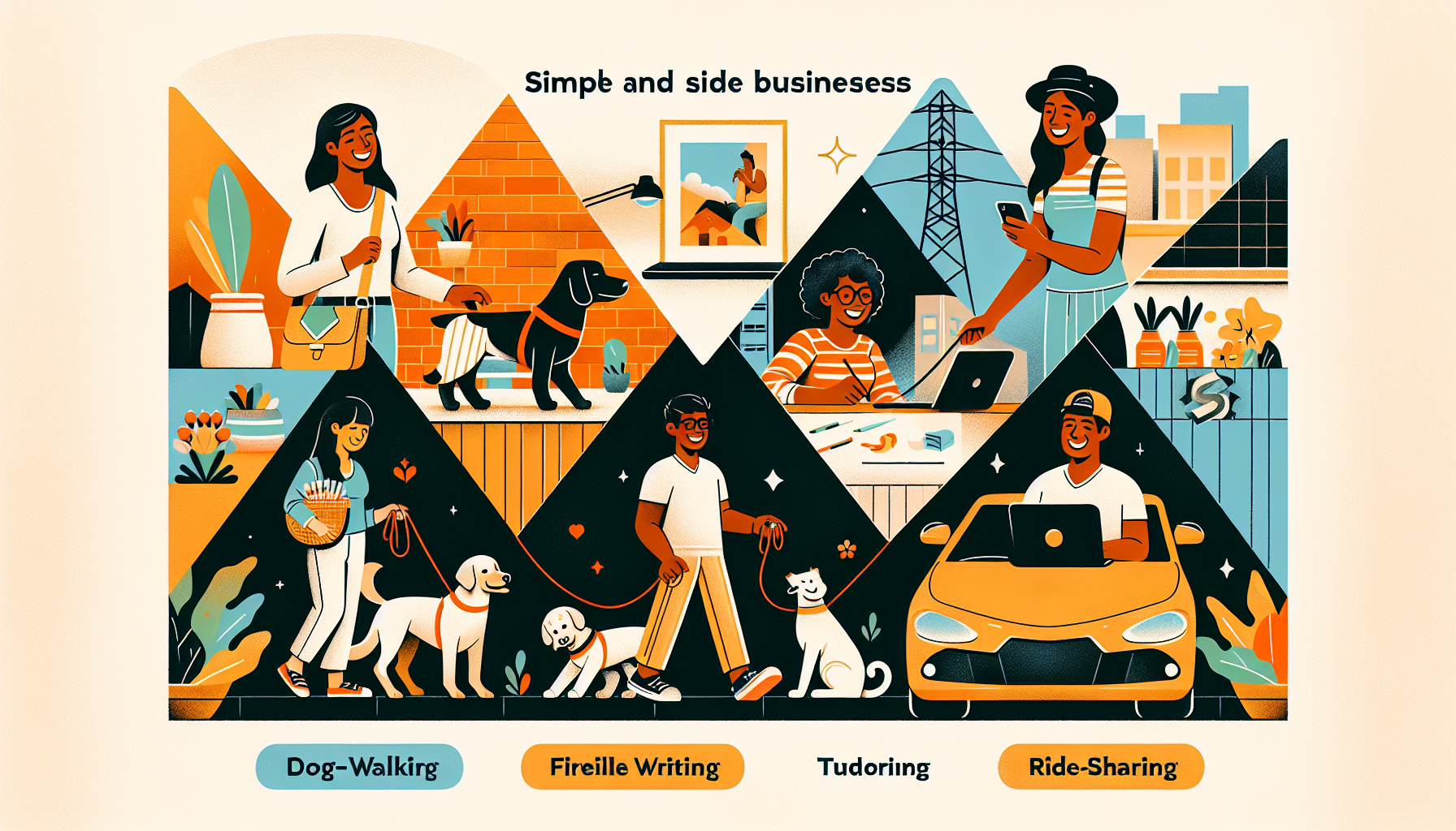 Create an image that showcases five easy-to-start side hustles in a vibrant and appealing manner. Each side hustle should be depicted with minimal startup effort and basic tools, such as:

1. Dog walking with a person holding multiple leashes
2. Freelance writing with someone typing on a laptop
3. Selling handmade crafts online shown with a person taking photos of their crafts
4. Tutoring with a scene of someone teaching a small group of kids online
5. Ride-sharing with a driver happily receiving a passenger in their car

The background should be divided into five sections, each visually representing one side hustle, emphasizing simplicity and ease of starting. The overall theme should reflect minimal effort and approachable opportunities.
