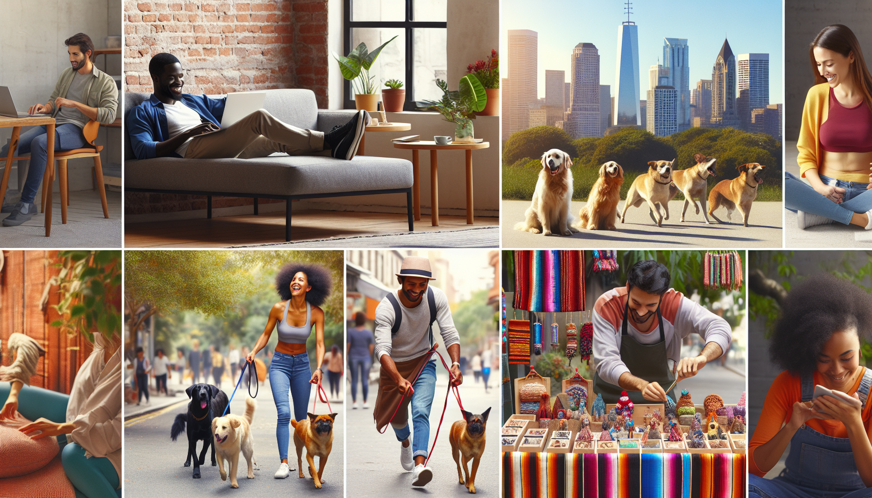 Create an image showcasing the benefits of the easiest side hustles: a diverse group of people happily engaging in various low-stress activities, such as freelancing on a laptop from a cozy home setting, dog walking in a pleasant park, and selling handmade crafts at a lively market stall. Include elements that highlight flexibility and low investment, such as relaxed poses, minimal equipment, and friendly interactions.