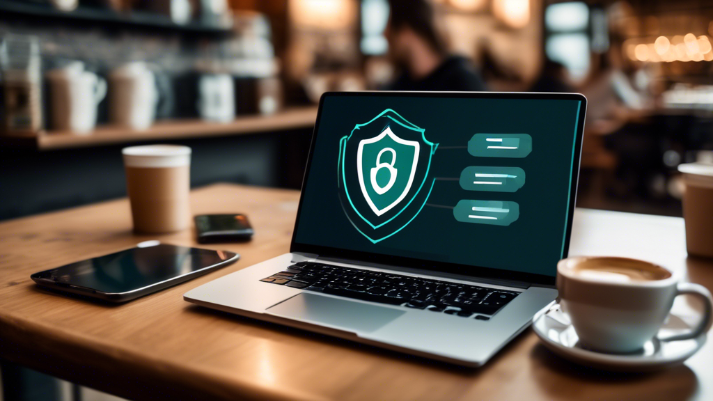An image of a person using a laptop at a coffee shop. The laptop screen displays a padlock icon, representing strong passwords and two-factor authentication. Surrounding the laptop are symbols like a shield for antivirus software, a firewall icon, and a Wi-Fi signal with a padlock, indicating the use of VPNs for secure connections. The background subtly shows other people using unsecured devices, emphasizing the importance of internet privacy and security measures.