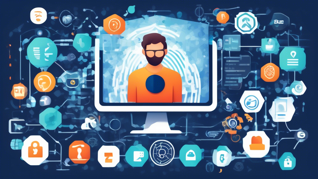 Create an image showcasing advanced techniques for internet privacy and security. The scene should depict a user at a computer, with elements illustrating software updates, end-to-end encryption, and the management of privacy settings on social media. The background features icons of updates, encrypted locks, and social media platforms with highlighted privacy settings to visually represent these advanced techniques. Use a modern, sleek design to convey a sense of cutting-edge technology.