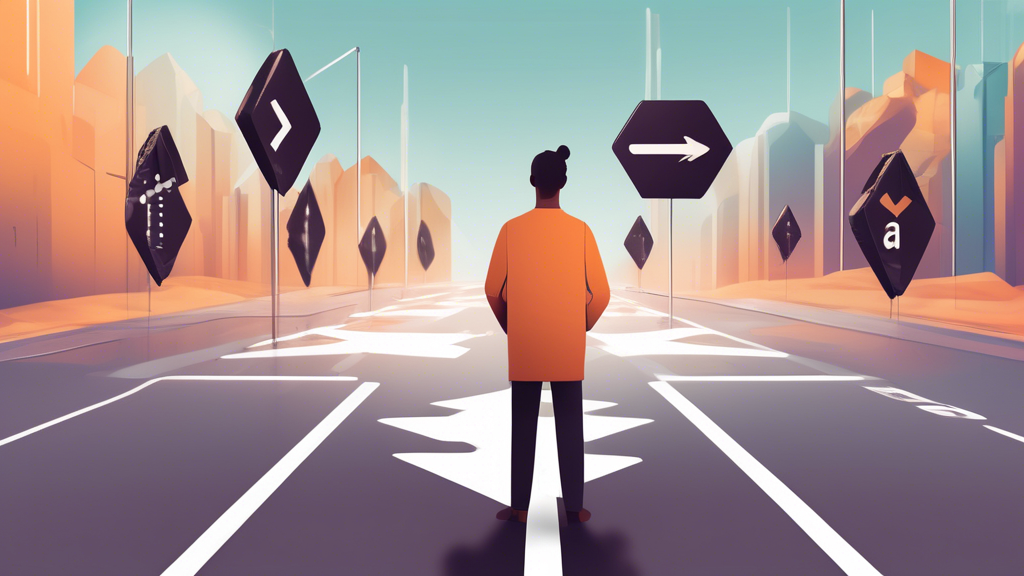 Create an image of a person standing at a pivotal crossroads sign with two directional arrows. One arrow points to 