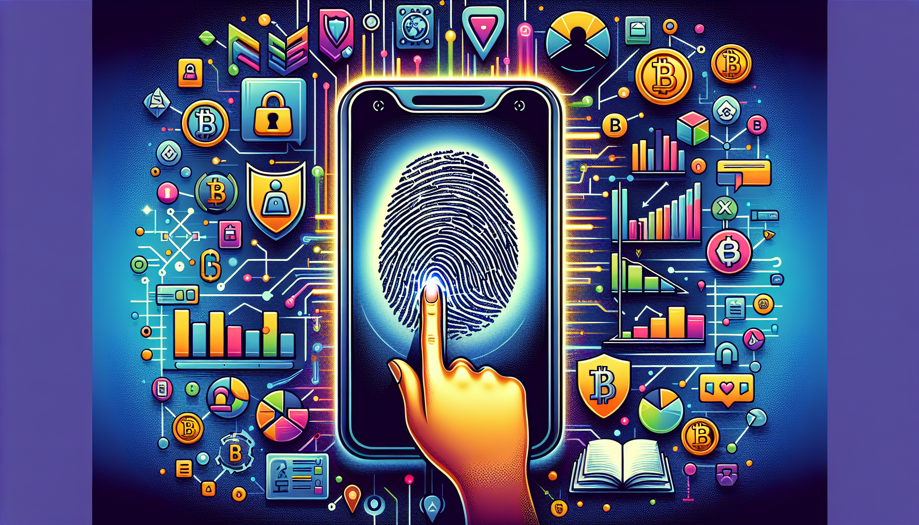 DALL-E prompt: An illustration displaying the key features that make crypto trading apps like Coinbase popular. The image shows a split screen of a mobile app interface highlighting security measures such as fingerprint authentication, easy-to-navigate menus, and charts of various cryptocurrencies available for trade. There are icons representing user convenience, data protection, and a diverse range of trading pairs.