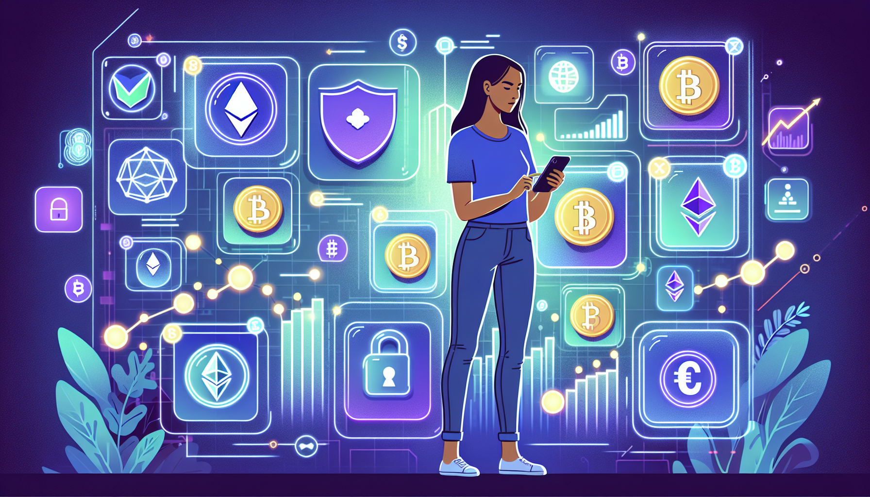 An illustration of a person using a mobile phone with various cryptocurrency trading app icons visible on the screen. The apps are surrounded by elements representing trust and security, such as shield icons, and financial growth, such as upward trending graphs. In the backdrop, a glowing digital market landscape with subtle icons of various cryptocurrencies (like Bitcoin, Ethereum, etc.) is visible. This image represents the process of choosing and using reliable cryptocurrency trading applications.