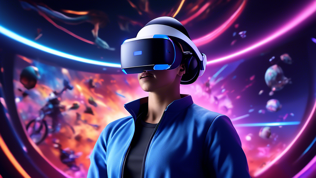 Create an image depicting an immersive VR gaming experience with PlayStation VR 2. Show a player wearing the VR 2 headset, deeply engrossed in a vibrant and dynamic game world. The scene should feature exclusive game titles specifically developed for VR 2, highlighting their unique capabilities such as high-resolution graphics, advanced tracking technology, and interactive elements that extend into the real world. Include visual cues from both developers and early user reviews praising the gameplay experience.