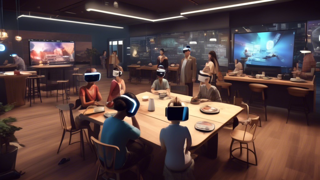 DALL-E Prompt: 

An image depicting the broad applications of VR 2 for PlayStation beyond gaming. Highlight a diverse array of scenarios such as a virtual social interaction where people are meeting in a digital coffee shop, an educational setting where students are using VR headsets for an immersive history lesson, and a professional training environment where employees are practicing complex tasks with VR simulations. Emphasize the futuristic and innovative aspects of VR technology, with the PlayStation branding subtly incorporated into the VR headsets.