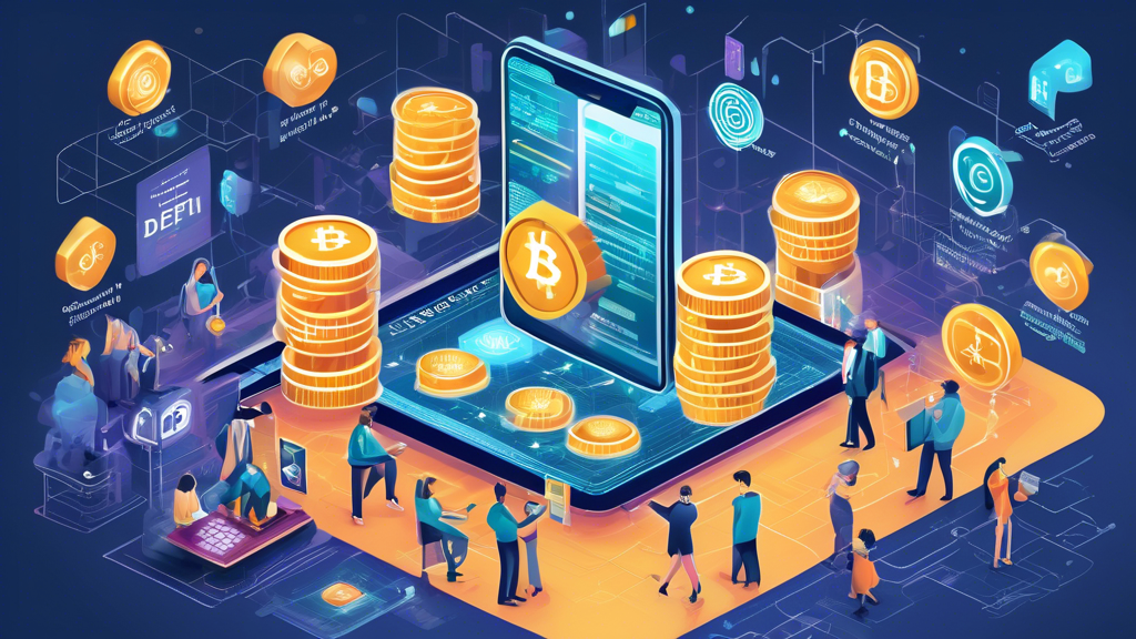 Create an image depicting the key applications of blockchain in finance: A lively and dynamic financial cityscape with various scenes representing Decentralized Finance (DeFi), Cryptocurrency, and Smart Contracts. Illustrate DeFi by showing people using smartphones to interact with financial services without traditional banks. Represent Cryptocurrency with digital coins and a stock-like exchange. Depict Smart Contracts by showing automated agreements being executed, possibly indicated by digital signatures and contract visuals. The overall scene should be futuristic, integrating high-tech elements and emphasizing the modern transformation of financial services through blockchain technology.