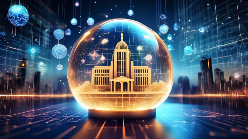Create an image that illustrates the impact and future trends of blockchain in financial markets. Focus on showcasing enhanced security and privacy in transactions with visuals like cryptographic codes and secure vaults, juxtaposed with the regulatory landscape featuring iconic government buildings and legal documents. Highlight future forecasts with elements like crystal balls and futuristic financial graphs, symbolizing potential and risks. Use a blend of high-tech, futuristic aesthetics and traditional financial imagery to encapsulate the research paper
