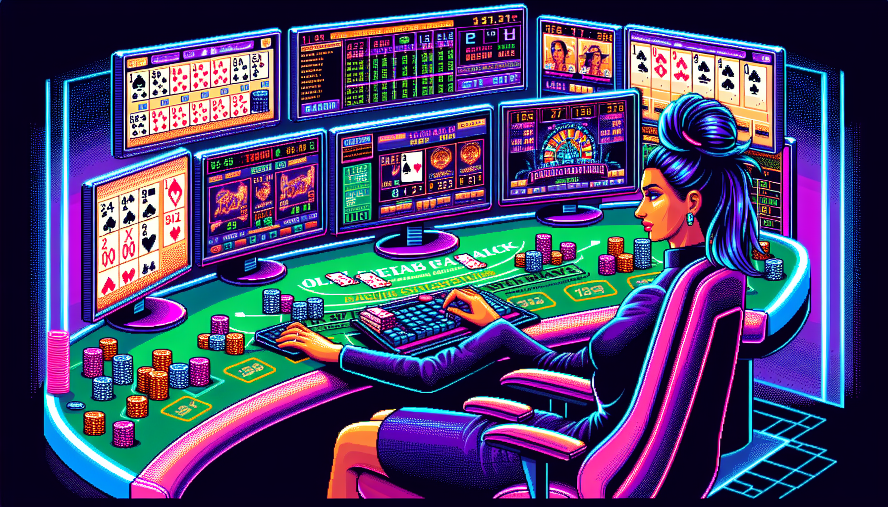 Create an intricate and dynamic digital illustration featuring a seasoned online blackjack player. The player is seated at a virtual gaming table, with multiple computer screens displaying different blackjack games and betting systems like Martingale and Paroli. One screen highlights detailed card counting statistics and charts. The background subtly shows various online blackjack variations. The player