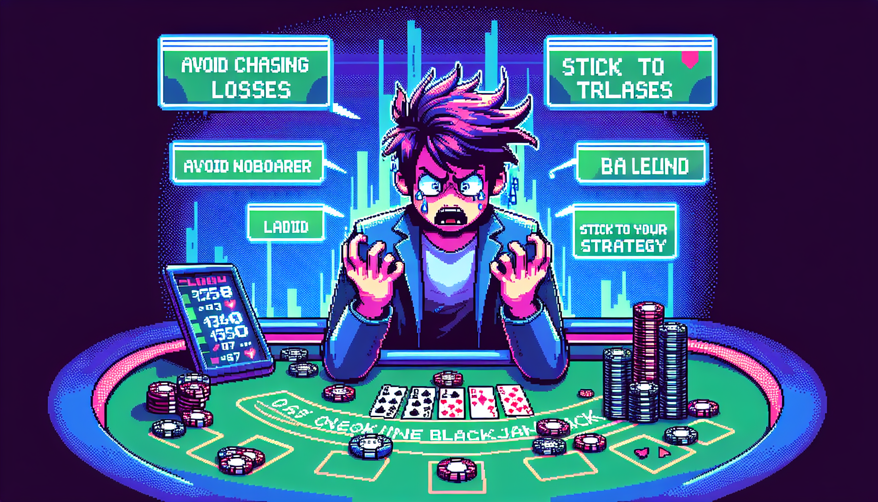 Create an image depicting a dramatic setting of an online blackjack game, where a novice player is making common mistakes like overbetting and chasing losses. Surround the player with visual cues such as empty poker chips and frantic expressions to emphasize the pitfalls. Add text bubbles or signs with tips advising 