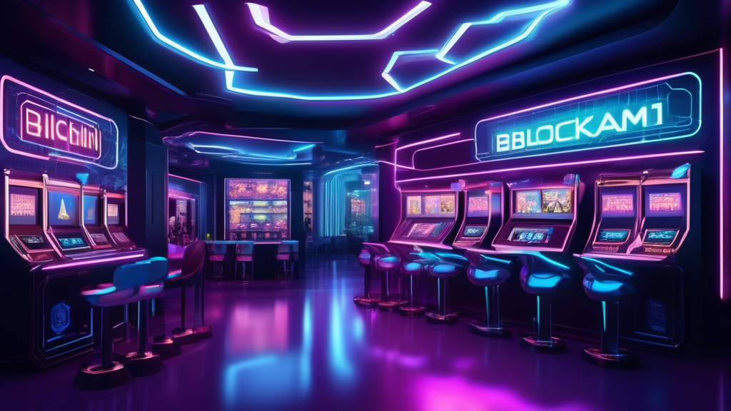 Prompt: A futuristic digital casino with neon lights and holographic displays, showcasing the integration of various cryptocurrencies like Bitcoin, Ethereum, and newer tokens. The casino