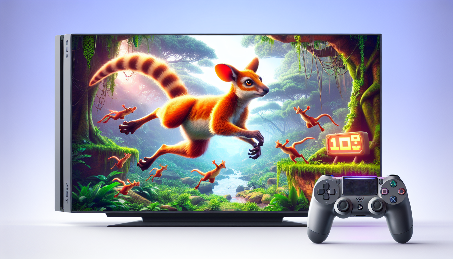 Create an image of Crash Bandicoot on the PlayStation 4, highlighting the enhanced graphics and improved gameplay mechanics. Show a vibrant, high-definition jungle level with detailed textures and lighting effects, featuring Crash in the center performing a dynamic move such as a spin attack or jumping over an obstacle. Emphasize the realism and polish of the upgraded visuals and the smoothness of the new controls in the design. Include subtle nods to the classic PS1 era, like a retro-style checkpoint crate in the background.