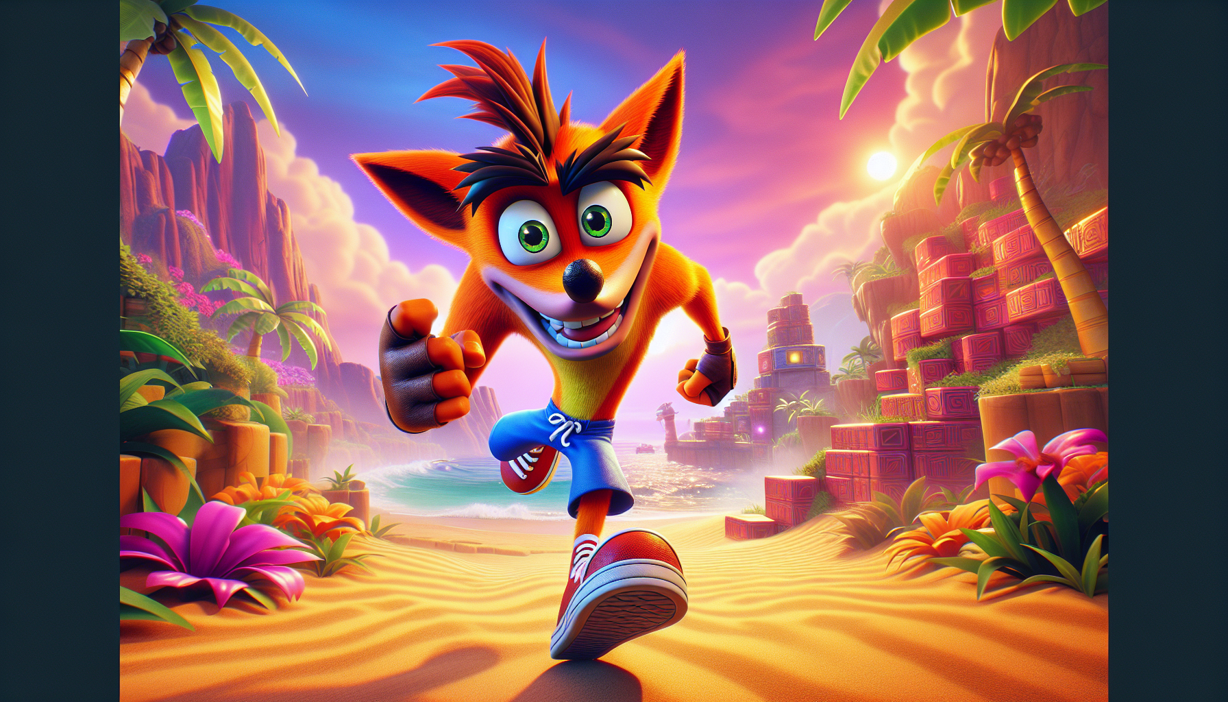 Create an image of Crash Bandicoot enthusiastically running through a vibrant, beautifully remastered version of a classic level, such as N. Sanity Beach, on the PS4. The scene should feature vivid colors and high-definition textures, showcasing iconic characters like Coco Bandicoot and Dr. Neo Cortex in the background. Emphasize the blend of nostalgic elements with modern graphics, capturing the balance between the original game