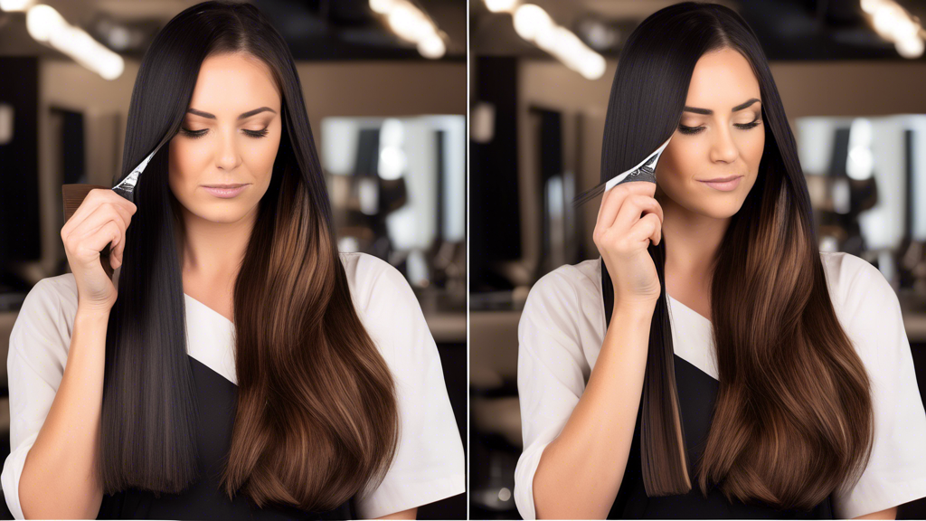 Create an image showing a step-by-step guide to applying black foils to brown hair. The scene is set in a modern, trendy hair salon. The first frame features a professional stylist selecting the right shade of black foil, compared to a swatch of brown hair tones. The second frame showcases the stylist carefully sectioning the brown hair and applying the black foils meticulously. The third frame depicts the completed look with a focus on the stunning contrast between the brown hair and black foils. Background elements include styling tools, hair care products, and a chic salon interior. The overall mood is instructional, stylish, and empowering.