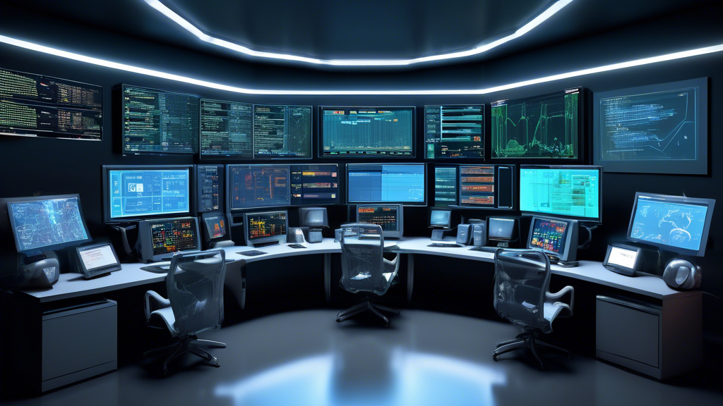 DALL-E. Detailed scene showing a virtual control room with five large computer screens, each displaying detailed information on a different Usenet server. Highlight elements like retention rates, data encryption icons, and pricing charts on the screens. The background showcases user ratings and speed/completion rate graphs, giving a sense of comparative analysis. Modern, high-tech aesthetic with a focus on cybersecurity and efficiency.