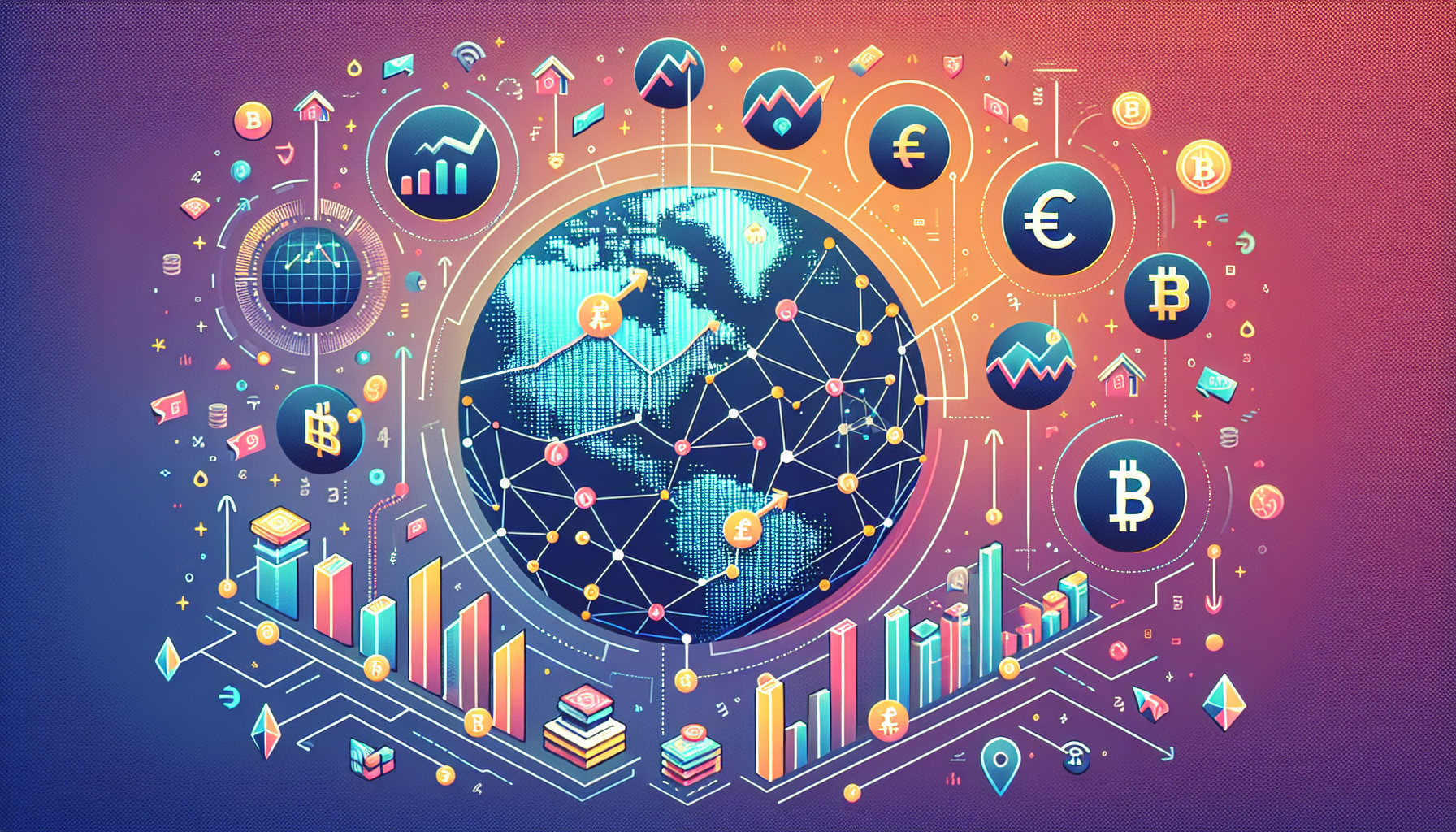 Create an image depicting the economic impact of cyber currency. Show a digital globe with interconnected nodes representing different world economies. Include icons like upward-trending graphs, coins with digital symbols, and small businesses flourishing locally in various parts of the world. Integrate elements of both positive impacts such as growing GDP and efficient transactions, and challenges like security threats and market volatility.