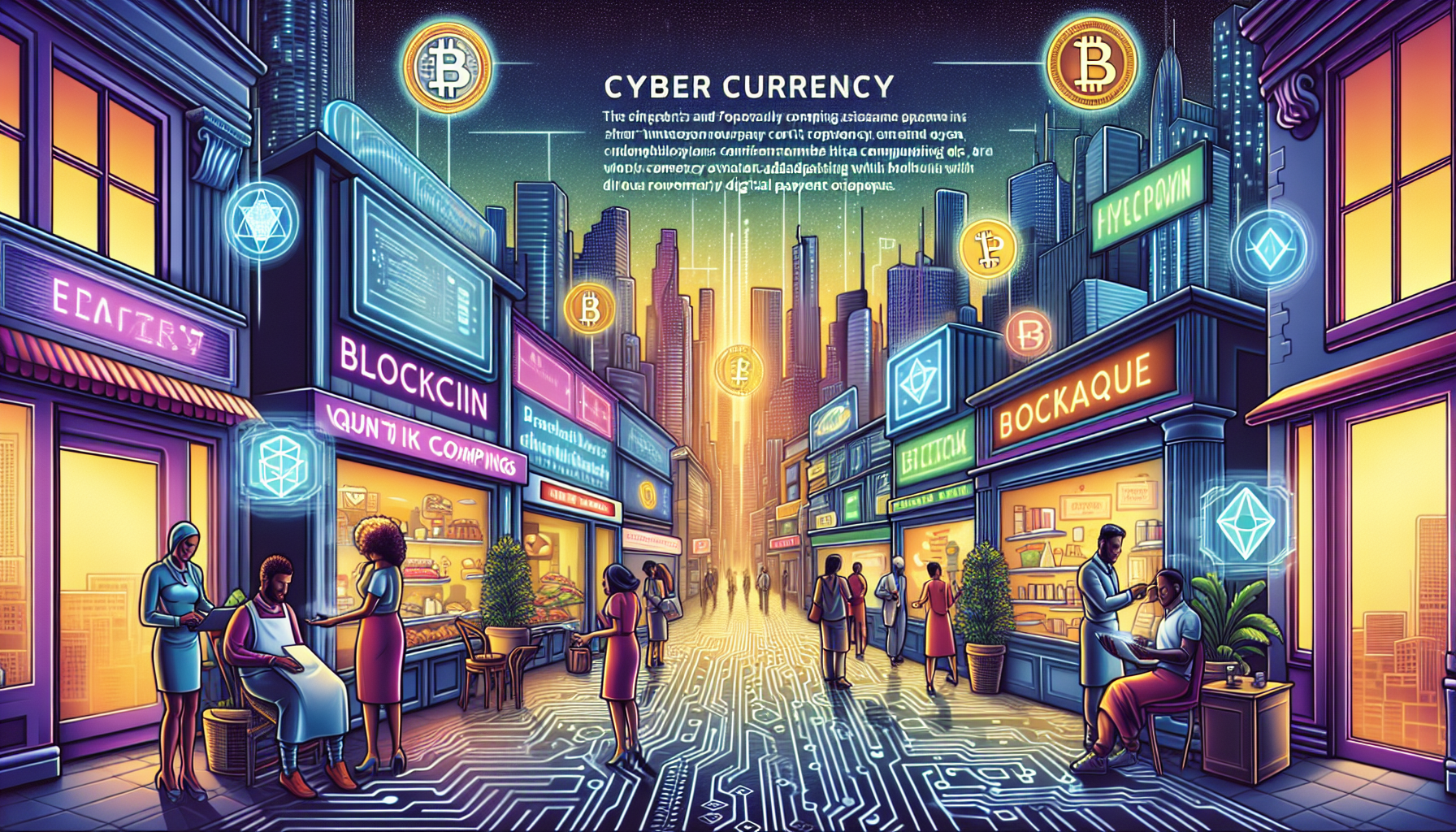 Create an image illustrating the future trends and potential of cyber currency, featuring futuristic cityscapes with digital billboards displaying various cyber currencies. Include emerging technologies like blockchain and quantum computing integrated into the urban environment, and show diverse businesses adapting to the cyber currency era with digital payment methods. Highlight a seamless, highly connected financial ecosystem.