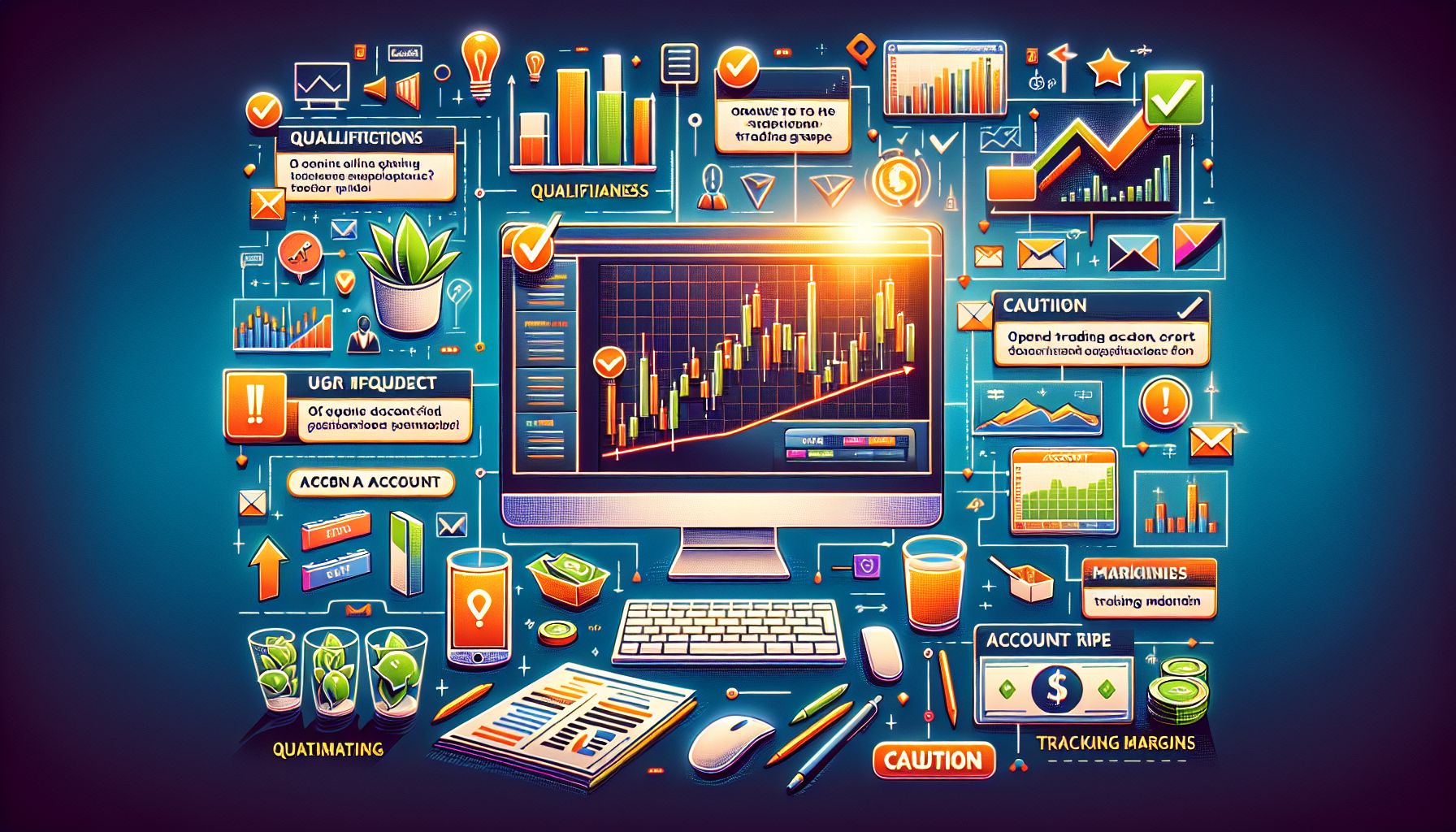 Create an image showcasing a digital tutorial for opening and managing a margin account on Webull. Include visuals of a computer screen displaying the Webull platform, with step-by-step instructions highlighted. Show key elements such as eligibility criteria, user interface for account setup, and tips for monitoring margins. Incorporate icons or symbols representing approval (checkmarks), caution (exclamation marks), and financial tools. The overall theme should be user-friendly and informative, with a clear focus on guiding users through the process.
