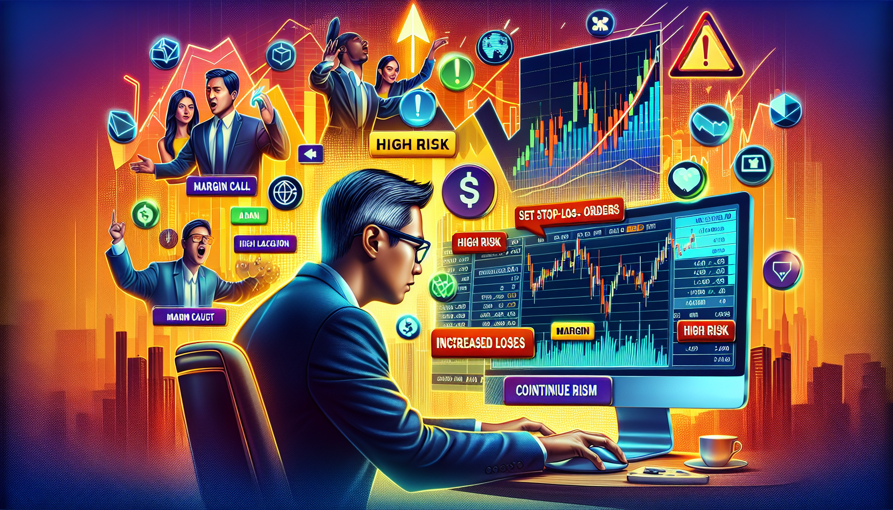 **DALL-E Prompt:**

An illustration of a trader sitting at a desk, focused on their computer screen displaying the Webull trading platform with a margin account dashboard. Surrounding the trader, various warning signs are visible, such as 