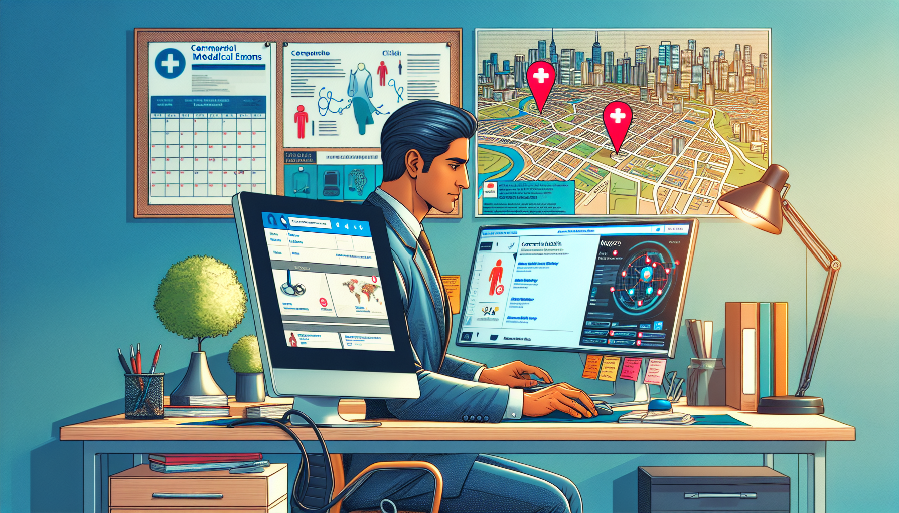 DALL-E prompt: Illustrate an image of a busy health professional seated at a computer, using a website with a map pinpoint in a city to find 