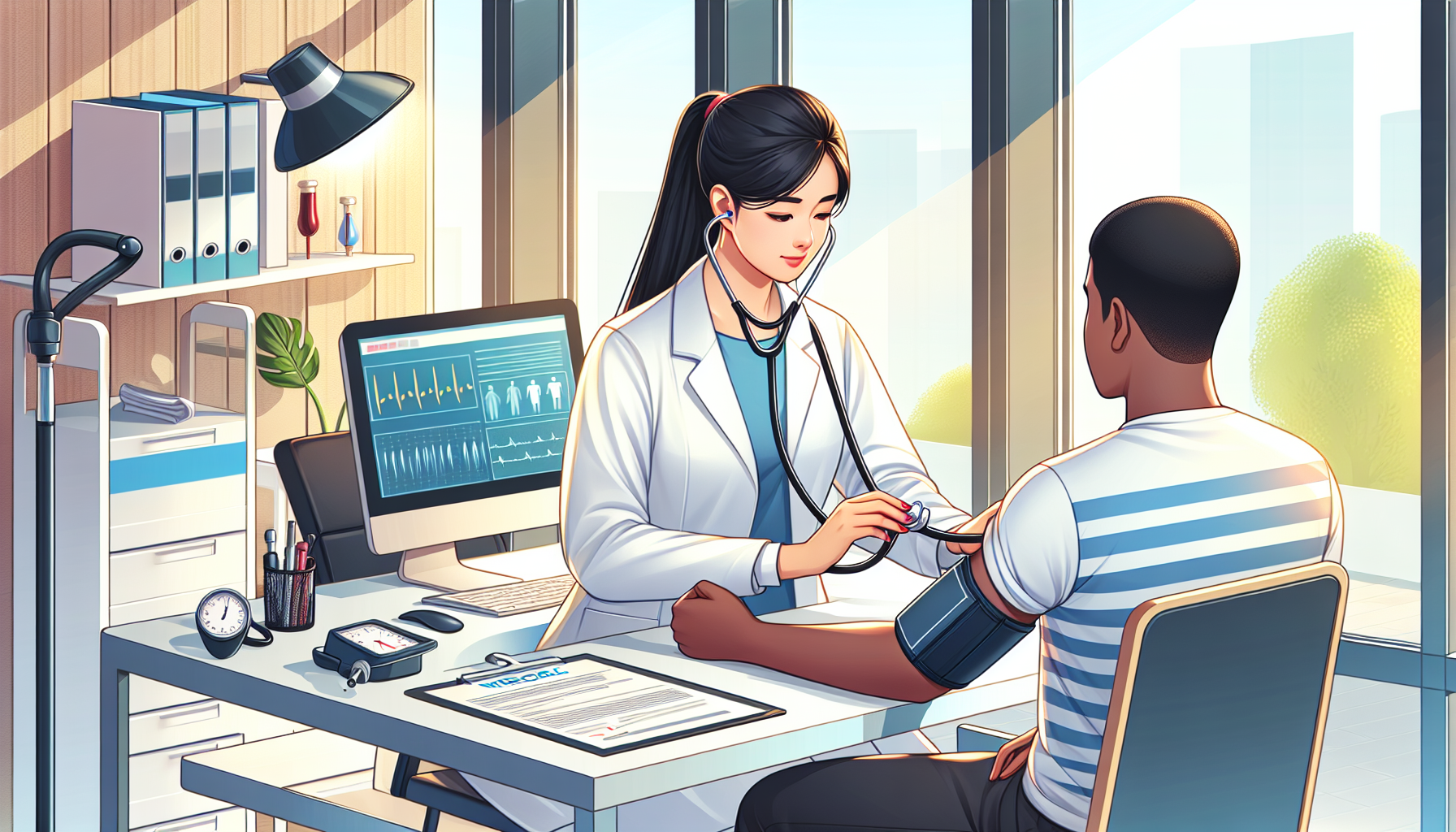 DALL-E prompt: Illustrate a calm and professional medical office setting, depicting a patient undergoing a standard procedure during a commercial medical exam. Include elements such as medical staff performing a physical examination, a patient filling out a health questionnaire, and necessary medical equipment in a well-organized, clean environment.