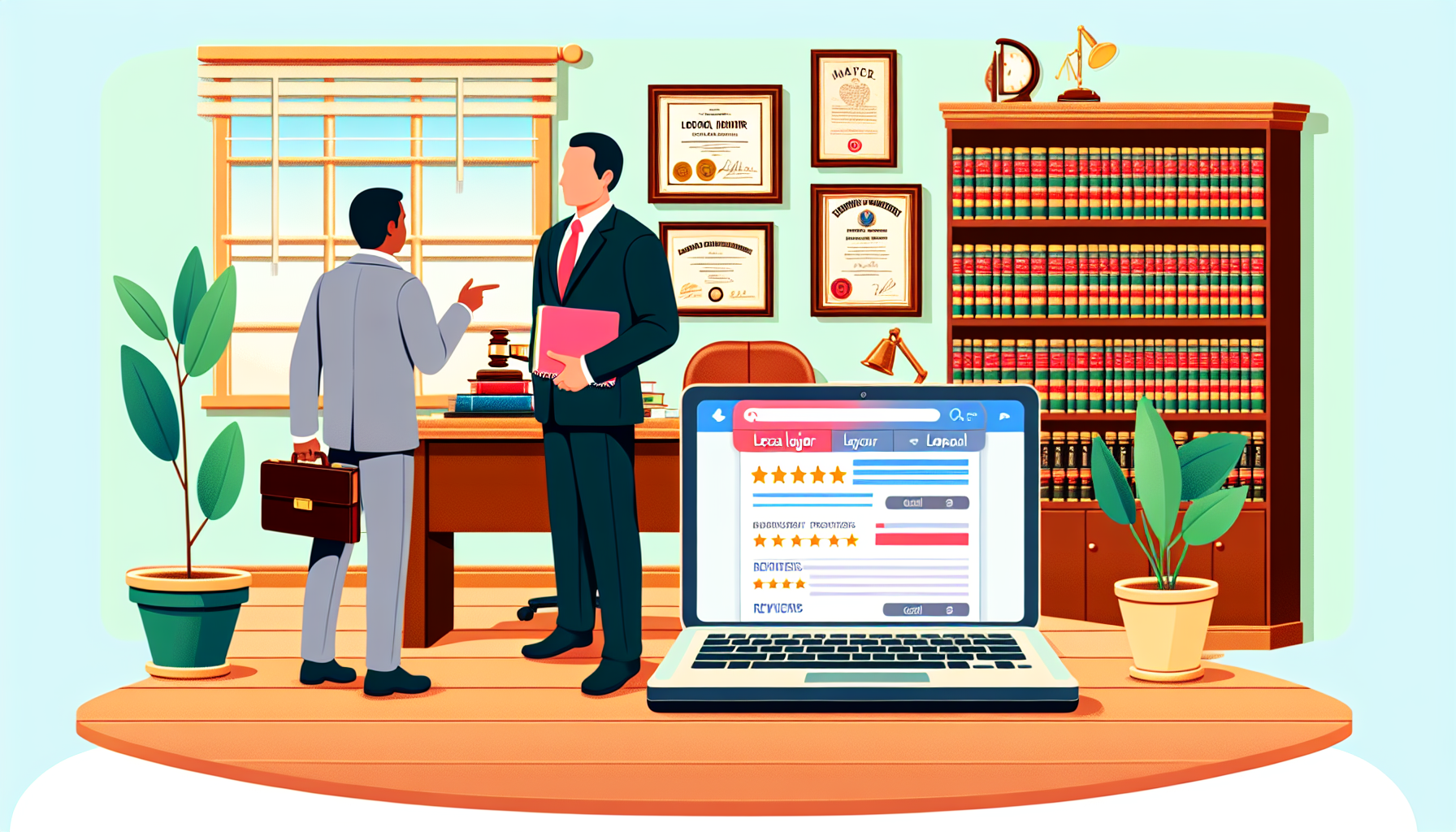 An illustrative scene depicting a person with a notebook sitting across from a local injury lawyer during an initial consultation in a warm, welcoming office environment. The room is furnished with law books, a desk, and certificates on the wall, symbolizing professionalism. In the foreground, a laptop is open on various legal websites and another tab showing reviews of the lawyer. This reflects the process of finding and evaluating potential legal representation based on experience and success rates.