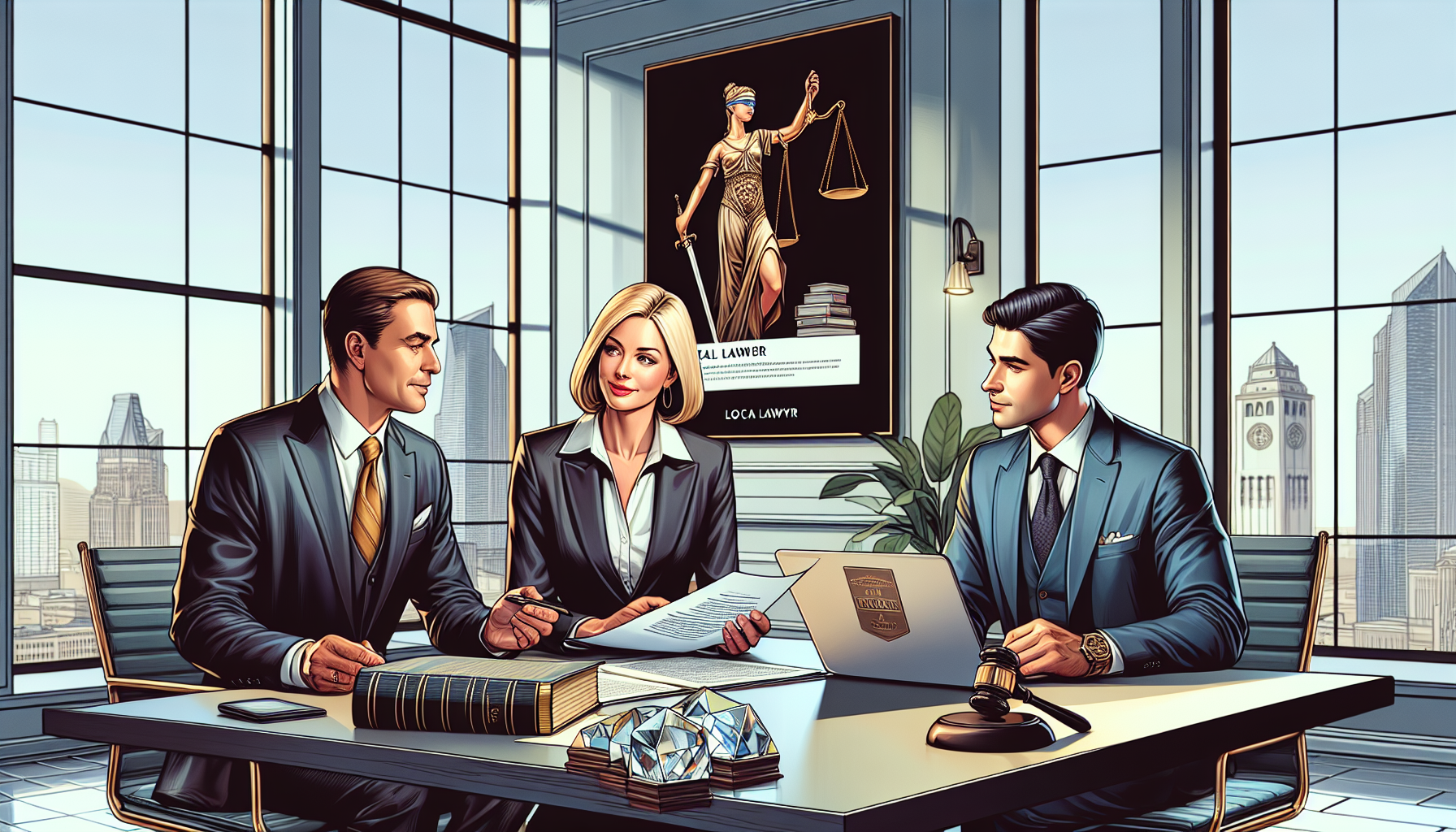 Detailed image of a confident middle-aged professional man and woman dressed as lawyers, sitting across a desk in a well-lit, modern office, discussing documents and contracts with an attentive client. The room should reflect a legal setting, complete with law books, a laptop displaying a 