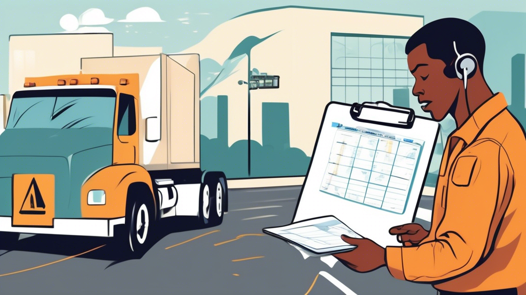 Illustration of a professional truck driver reviewing a checklist on a clipboard while talking on the phone to schedule a DOT physical appointment, with a calendar marked for the appointment date in the background. The scene should also include a medical office setting in the background, and a smartphone showing a map with nearby DOT physical locations. The driver appears calm and prepared, portraying a sense of readiness for the upcoming examination.