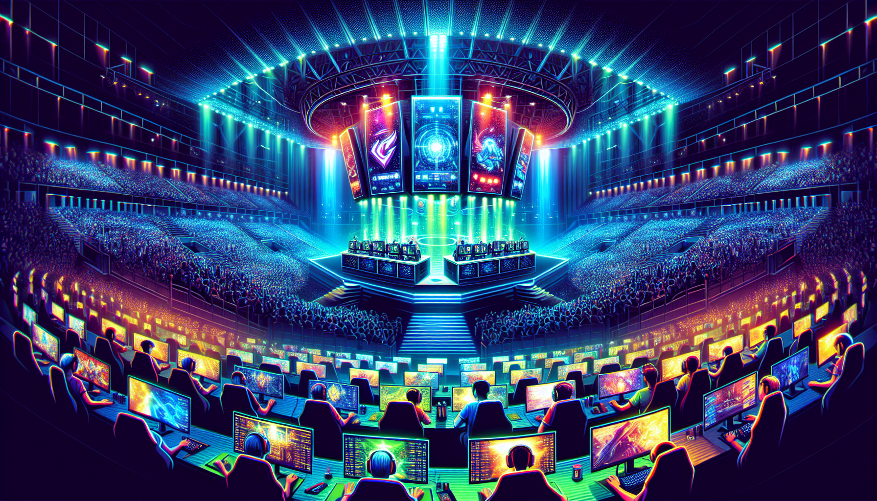 Create an image showcasing a vibrant and dynamic scene of a major Contender Esports tournament. The setting should feature a large, futuristic arena filled with cheering fans, colorful lights, and massive digital screens displaying live game action. In the foreground, show a diverse group of professional gamers intensely focused on their high-tech gaming setups, with branded team logos and sponsor banners visible. The overall atmosphere should convey excitement, competition, and the global impact of these esports events.