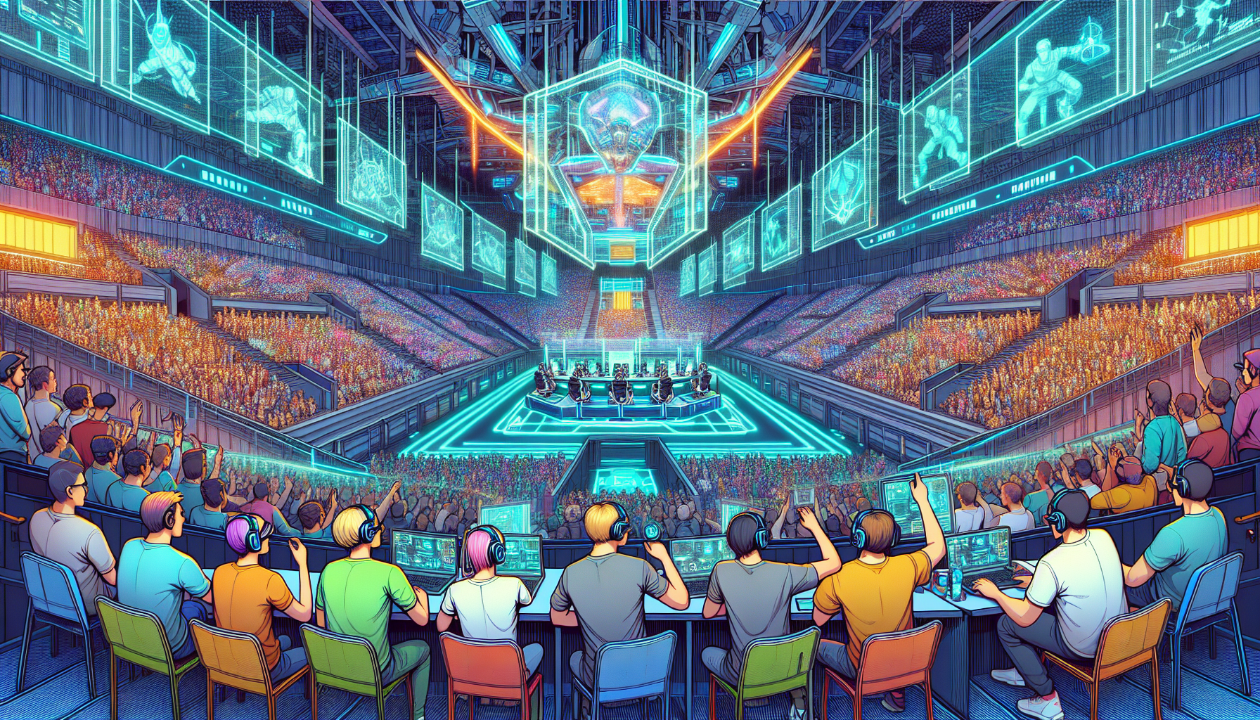 A futuristic stadium filled with vibrant, holographic displays showcasing intense Contender Esports tournaments, with players wearing advanced VR gear. The scene includes an audience of diverse, excited fans and several experts in a panel predicting future trends and innovations. The background incorporates futuristic designs hinting at technological advancements in gaming, depicting opportunities and potential challenges ahead.