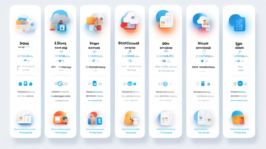 Generate an image illustrating the various iCloud storage plans available, featuring icons or visuals representing different storage capacities like 5 GB, 50 GB, 200 GB, and 2 TB. Include price tags next to each plan and depict people or users with diverse needs to highlight who each plan is suitable for, for example, a student, a family, a photographer, and a small business owner. The background should evoke a sense of digital storage and cloud technology, using soft blue and white tones to keep the theme consistent with the Apple