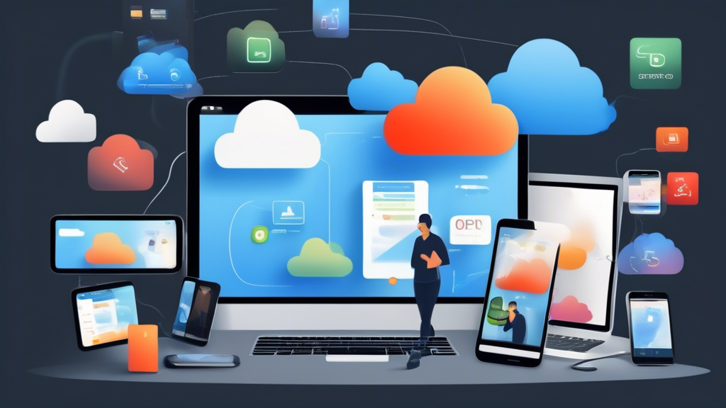 Create an image that shows a person sitting at a desk, using multiple devices such as a laptop, tablet, and smartphone, with the iCloud app open on each screen. The background should include pop-up notifications and icons representing data sync and cloud storage. The overall theme should convey step-by-step guidance on setting up and managing iCloud storage efficiently.