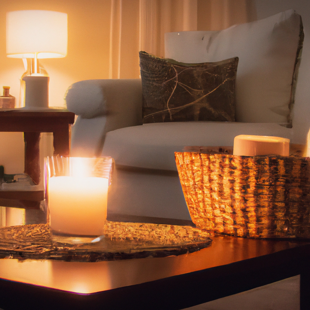 A cozy living room scene featuring top-rated relaxation candles on a coffee table, creating a calming ambiance with warm, flickering light. In the background, a serene bedroom setup with a similar candle on a nightstand, emphasizing tranquility. Nearby, a kitchen with a fresh, aromatic scented candle placed beside a dining table set for a meal, and a bathroom scene showcasing a luxurious, long-lasting candle by the tub, exuding a spa-like feel. Label each candle to indicate its ideal environment for home use.