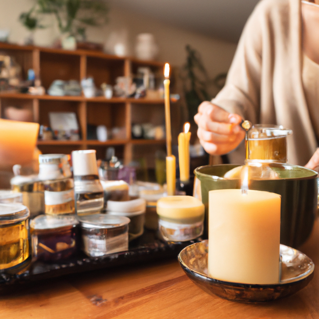 A cozy home setting featuring various types of candles. Focus on a person carefully trimming a candle wick, with an array of well-maintained candles nearby. Include details of proper storage solutions, such as airtight containers, in the background. Also show eco-friendly candle options like soy and beeswax, emphasizing sustainability with natural, recyclable packaging.