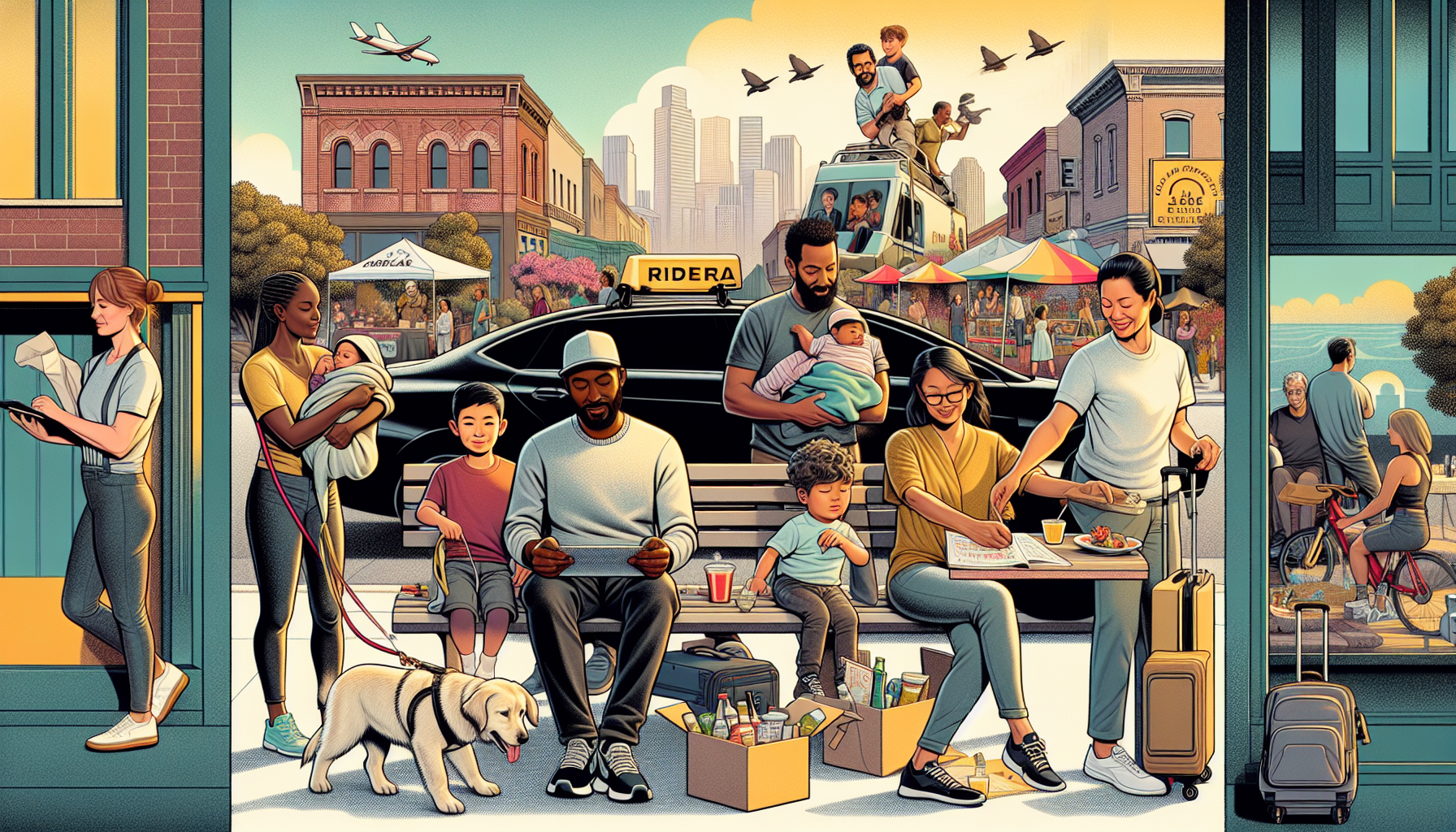 A vibrant neighborhood scene showcasing a variety of offline side hustles. One person is walking dogs, another is babysitting a child playing on the park bench, and a tutor is assisting a student with homework at an outdoor café. In the background, a rideshare driver is helping a passenger with luggage, and a delivery driver is dropping off a package at a doorstep. Additionally, a seasonal market with people setting up event-based stalls is visible, signifying extra cash opportunities. The image should evoke a sense of community, flexibility, and reward in daily life.