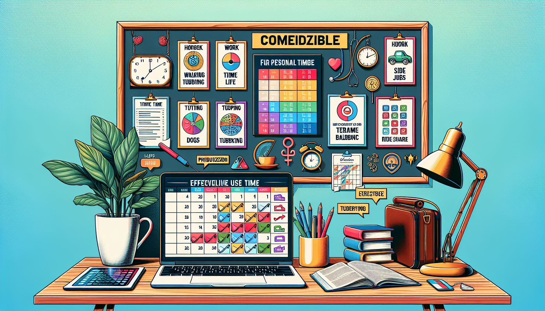 Prompt: An organized workspace featuring a calendar with color-coded time blocks, a to-do list, and a laptop displaying a time management app. Mounted on the wall are motivational quotes about achieving work-life balance. In the background, there are elements symbolizing both a full-time job and various side hustles, such as a briefcase next to a dog-walking leash, a tutoring book on a desk, and a ridesharing logo on the laptop screen. The scene conveys a sense of order, productivity, and balance. 

Keyword: great side hustles.
