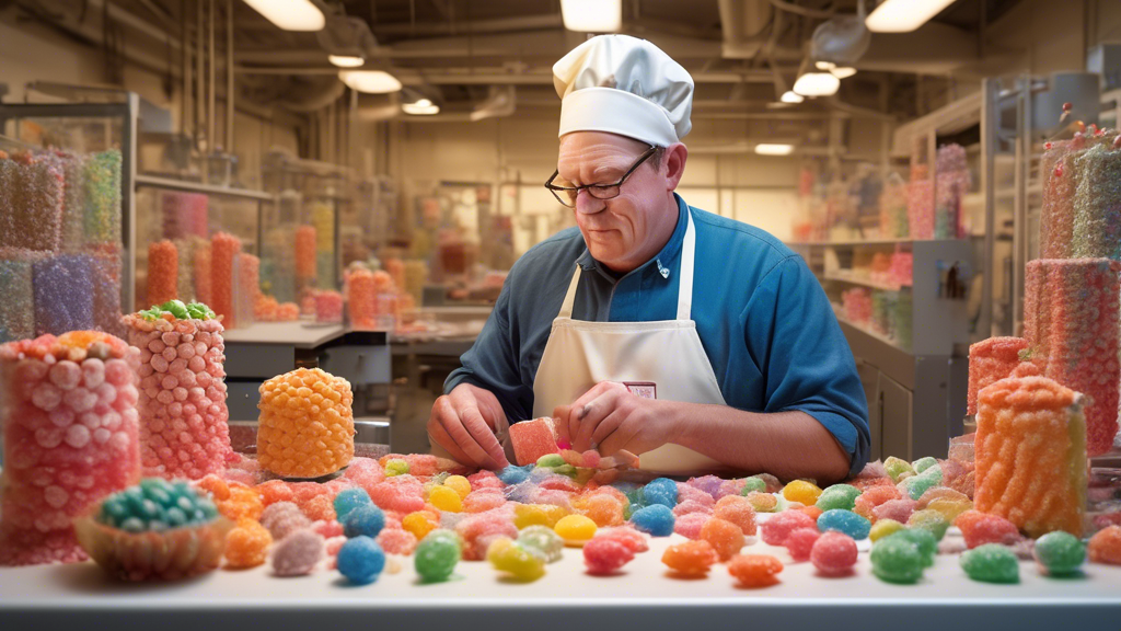 An artisan confectioner at Fannie May Candy crafting traditional Pixies by hand while using modern machinery in a brightly lit factory setting, showcasing a blend of old techniques and new technology, with an emphasis on sustainability and precision in candy making.