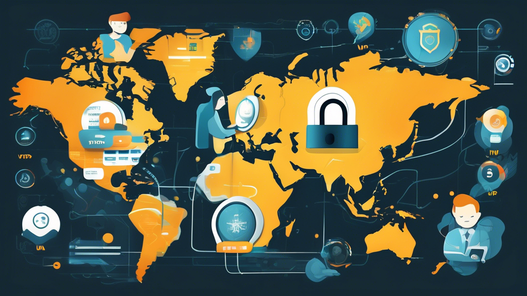 **DALL-E Prompt:**

Create a detailed and engaging illustration of various criteria for selecting the best top VPNs. The illustration should include visual elements representing encryption (padlock or shield), high speed (speedometer or fast-moving data lines), and diverse server locations (world map with marked locations). Also depict icons showing user-friendly interface (hand interacting with a user interface), device compatibility (multiple device icons like a laptop, phone, and tablet), and customer reviews (star ratings and chat bubbles). The overall theme should be modern and tech-centric, with a focus on security and efficiency. Include the text Top VPNs clearly within the illustration.