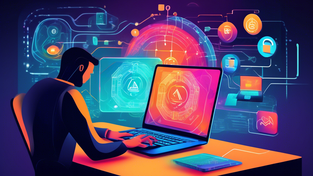 Create an image illustrating advanced data security strategies. Depict a person working on a laptop in a secure environment, with visual elements highlighting VPNs, encryption symbols, a digital footprint being monitored, and charts representing security audits. The backdrop should feature a digital interface showcasing sophisticated security protocols, conveying an advanced defense against cyber threats.
