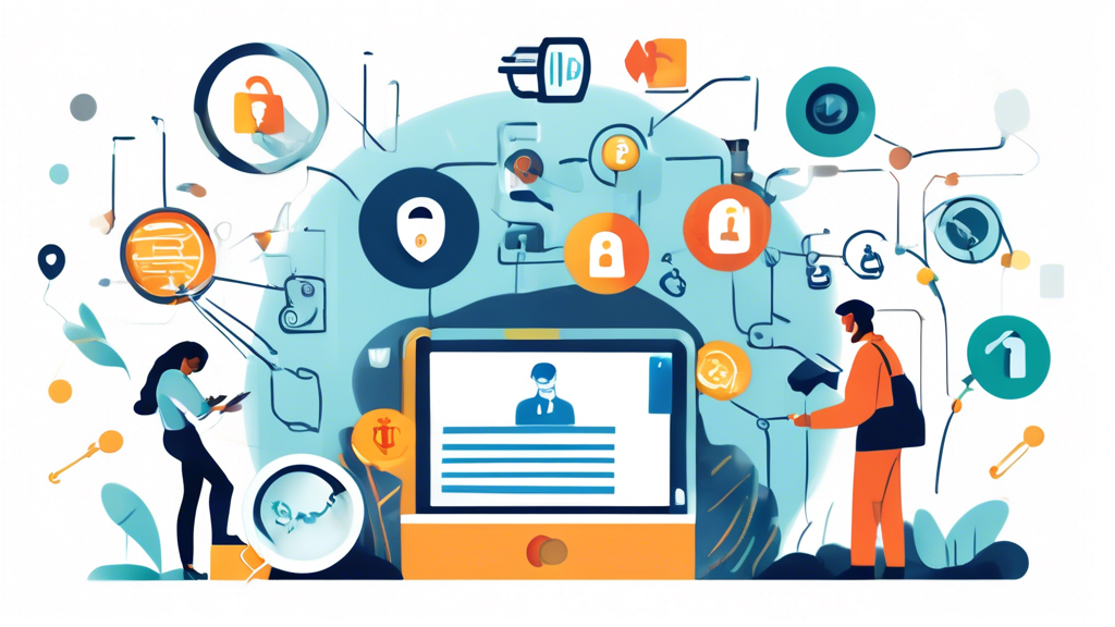 Create an image that illustrates an individual taking immediate action after a data breach. The person is shown changing their passwords on multiple devices, notifying relevant parties through phone and email, and closely monitoring their bank and social media accounts for unusual activities. The backdrop includes icons of a lock, alarm, and magnifying glass to symbolize security, urgency, and vigilance in protecting data online when compromised.