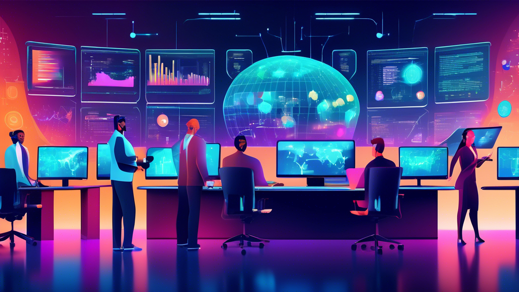 Create an image of a modern, high-tech office setting where a diverse group of professionals is evaluating complex data on large digital screens. The scene should highlight charts, graphs, and icons representing security measures, fee structures, user-friendly platforms, and customer support. Emphasize a futuristic and collaborative environment with a focus on cryptocurrency elements.